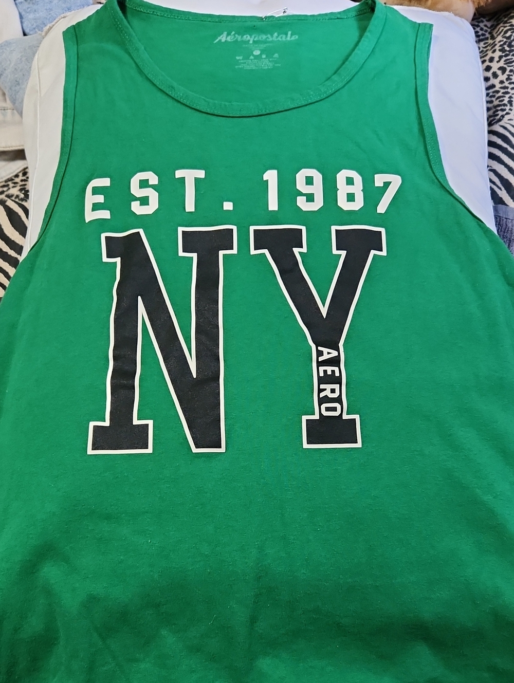 Aeropostale Green NY Graphic Tank Top with Black & White Print
